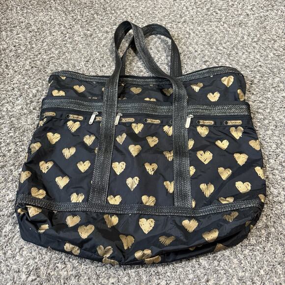 LeSportSac Large Weekend Tote Bag Black with Gold Hearts - Picture 7 of 7
